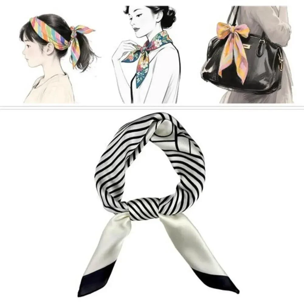 Natural Silk Feel Black and White Scarf Lightweight Square Neck Scarf for Women
